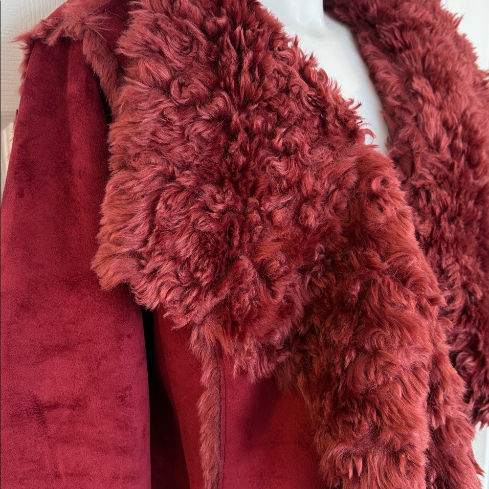 DONNA SALYERS FABULOUS FURS OVERSIZED FAUX SUEDE/FUR BURGUNDY JACKET COAT SZ XL - Picture 2 of 14